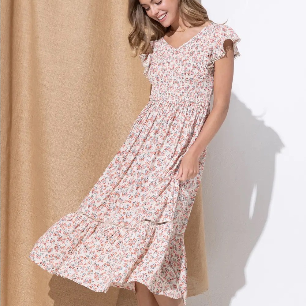 Ditsy Floral Smocked Bodice Ruffle Midi white prairie Dress